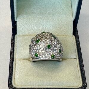 Sterling Silver White Sapphire & Green Tsavorite Garnet Dome Ring Size 7